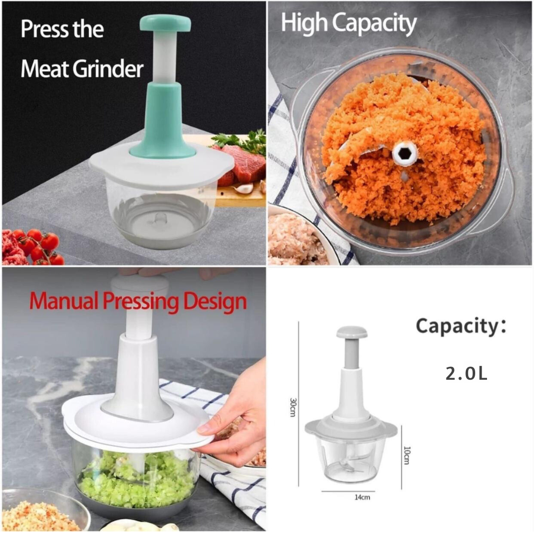 Multifunctional Manual Food Chopper – 2L Hand-Push Vegetable & Meat Cutter with 3 Grater Blades