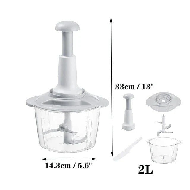 Multifunctional Manual Food Chopper – 2L Hand-Push Vegetable & Meat Cutter with 3 Grater Blades