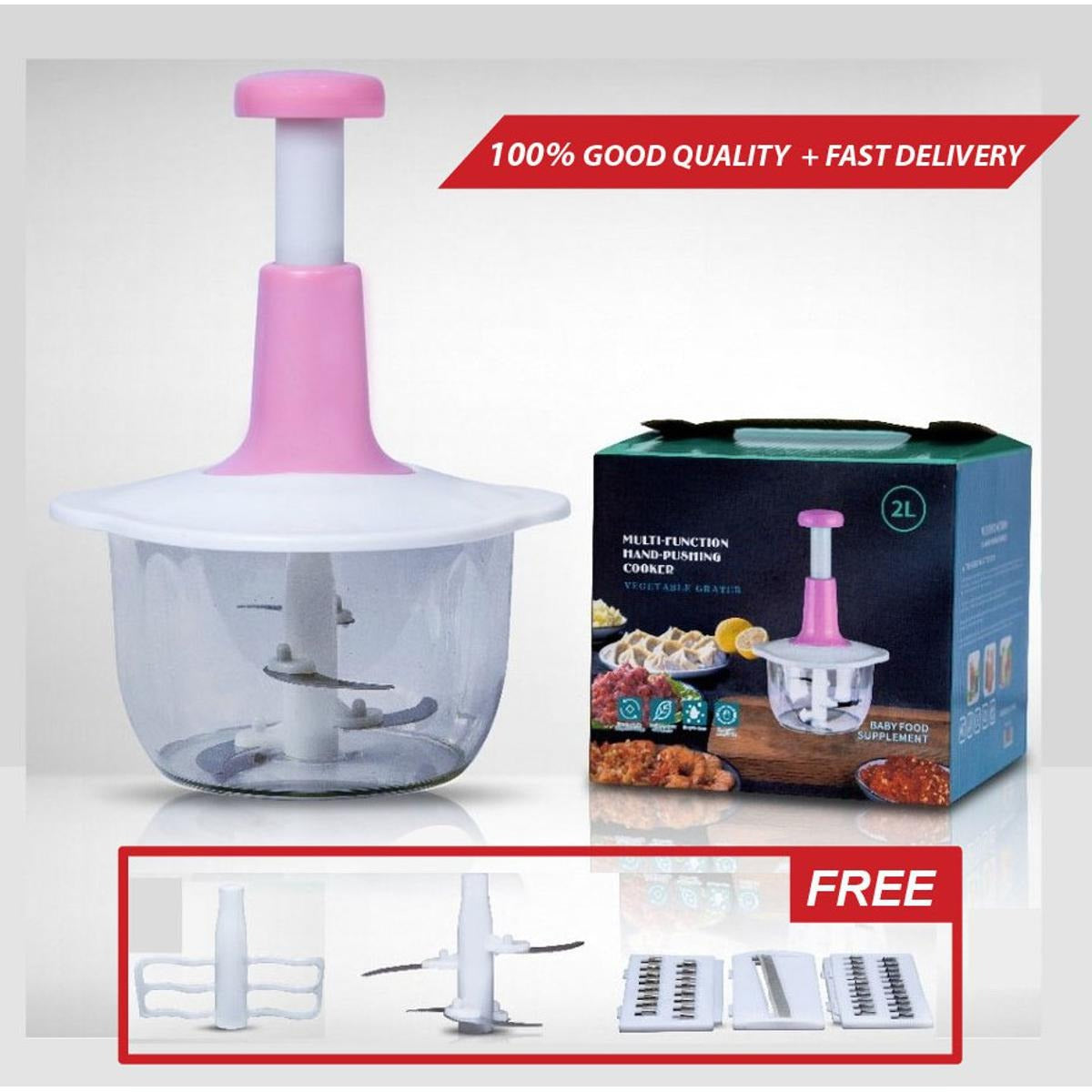 Multifunctional Manual Food Chopper – 2L Hand-Push Vegetable & Meat Cutter with 3 Grater Blades