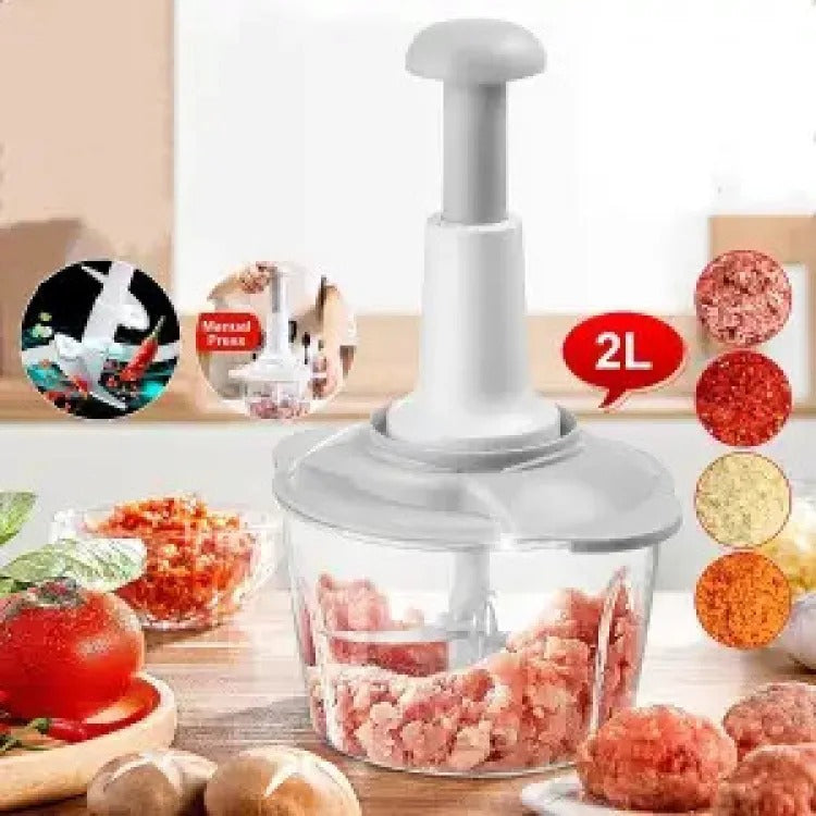 Multifunctional Manual Food Chopper – 2L Hand-Push Vegetable & Meat Cutter with 3 Grater Blades